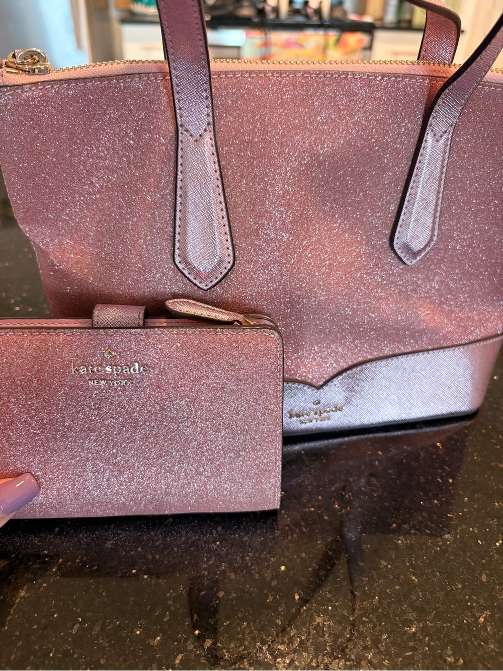 kate spade pink glitter tote and matching wallet
